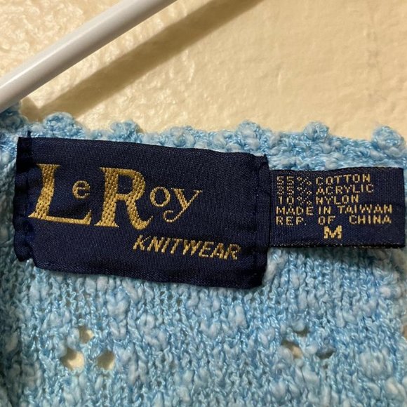 Vintage Le Roy Knitwear Womens Light Blue Knit 3/4 Sleeve Cottage Sweater Medium - Picture 4 of 4